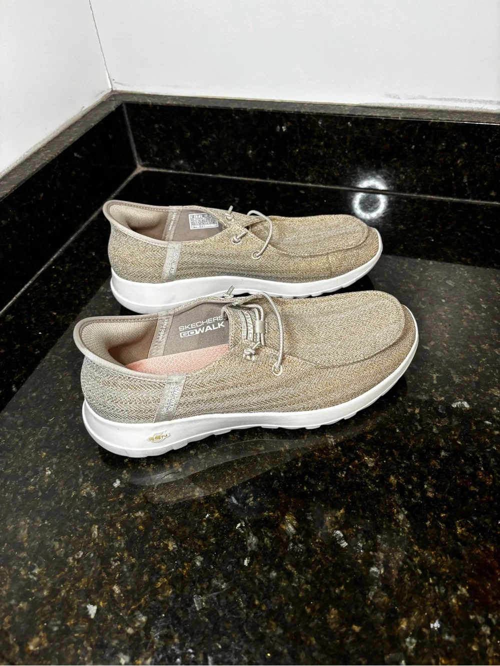 SKECHERS GOWALK Slip Ins Women’s Casual Loafers in Sparkly Gold/Light Beige